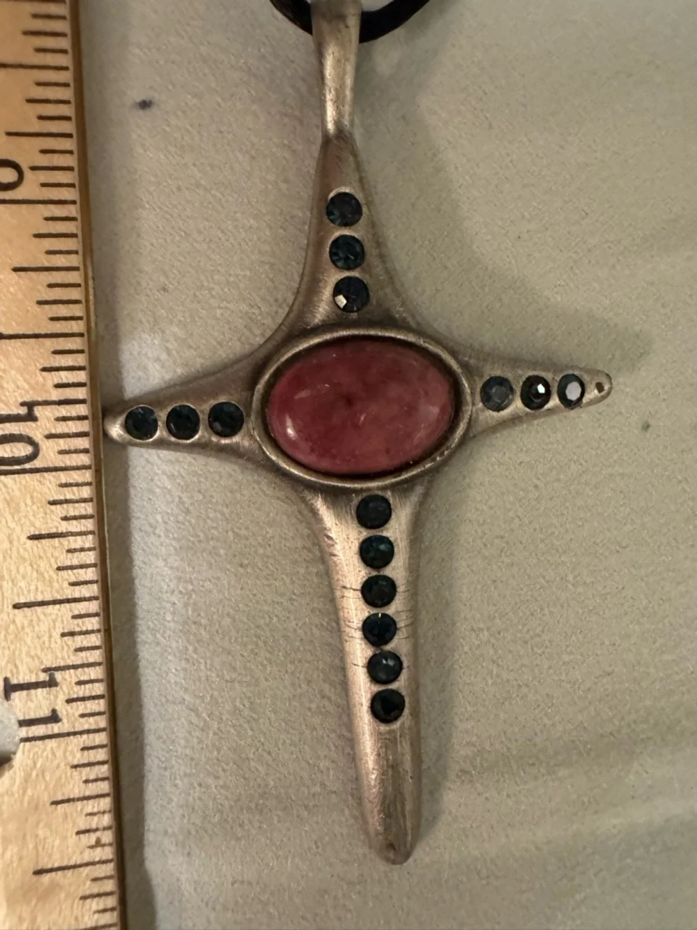 Antiqued Silver-Tone Cross Pendant Necklace w/ Pink and Blue Accent Stones